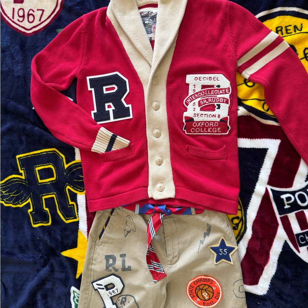 Preppy Rugby Shawl Neck Red/Cream/Navy Cardigan varsity Collegiate Mens M